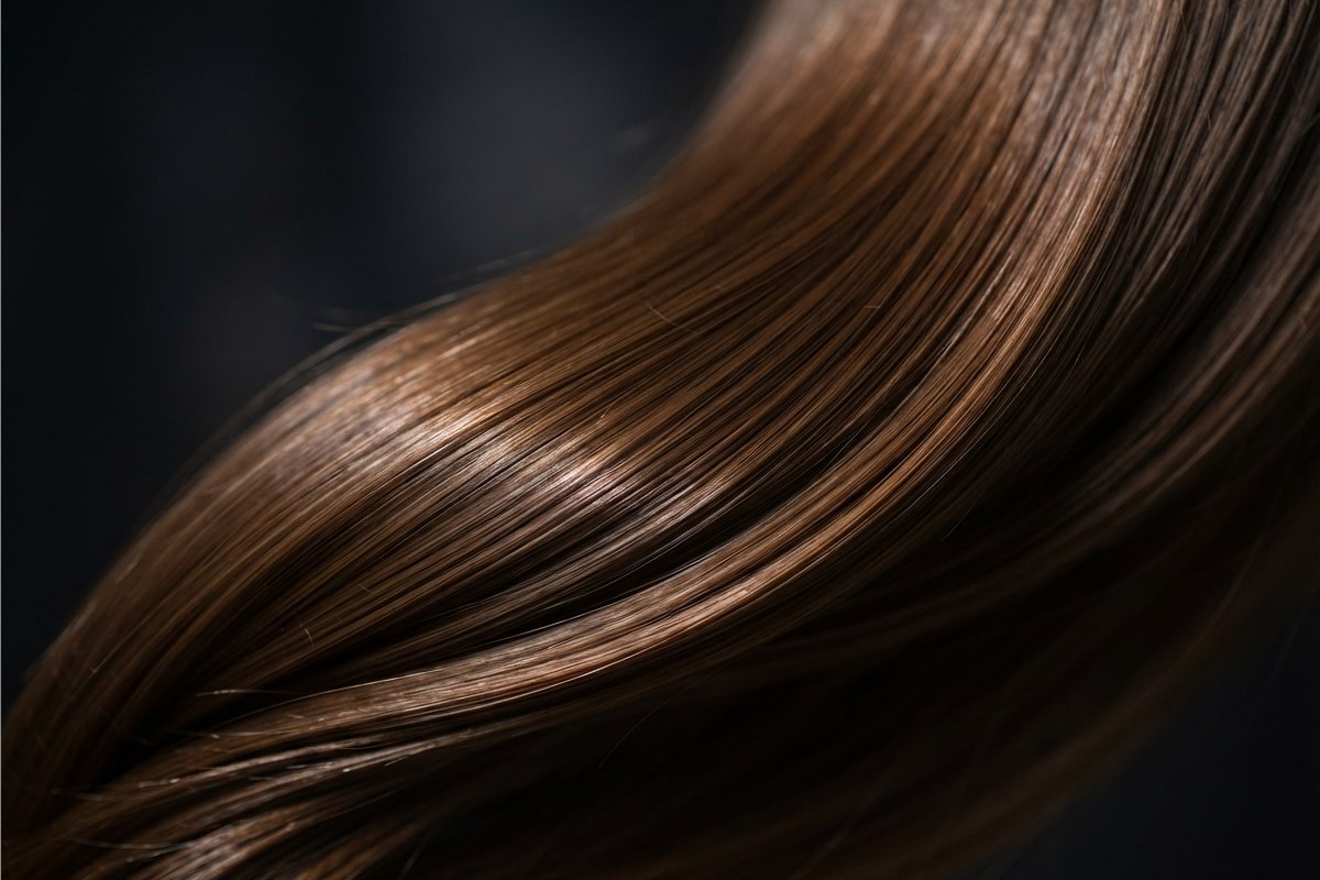 Fios de cabelo castanhos brilhantes e macios após cauterização