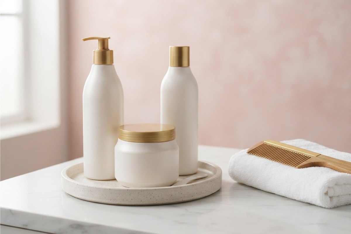 Kit de cauterização com shampoo, máscara de queratina e creme sobre penteadeira