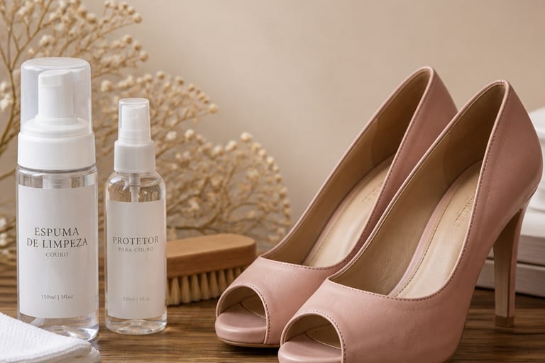 Peep toe rosa em couro sobre uma mesa de madeira, com produtos de limpeza ao lado.