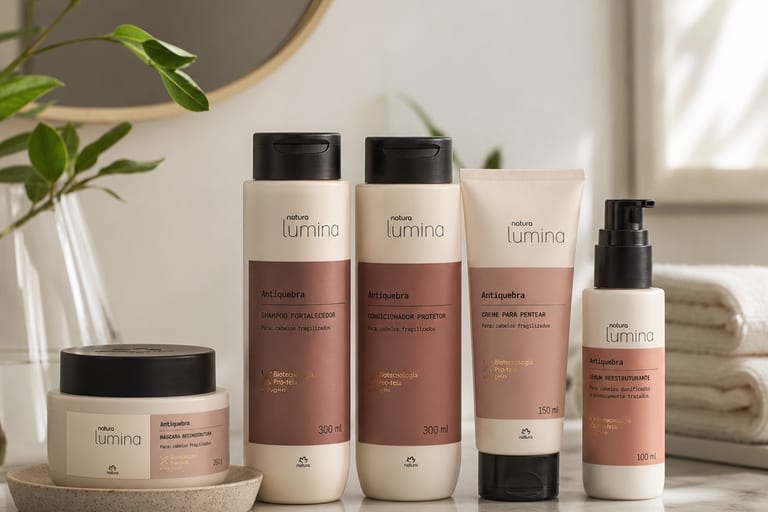 Produtos de cabelo organizados em uma mesa de mármore, incluindo shampoos, condicionadores e cremes para pentear, em um ambiente claro e iluminado por luz natural.