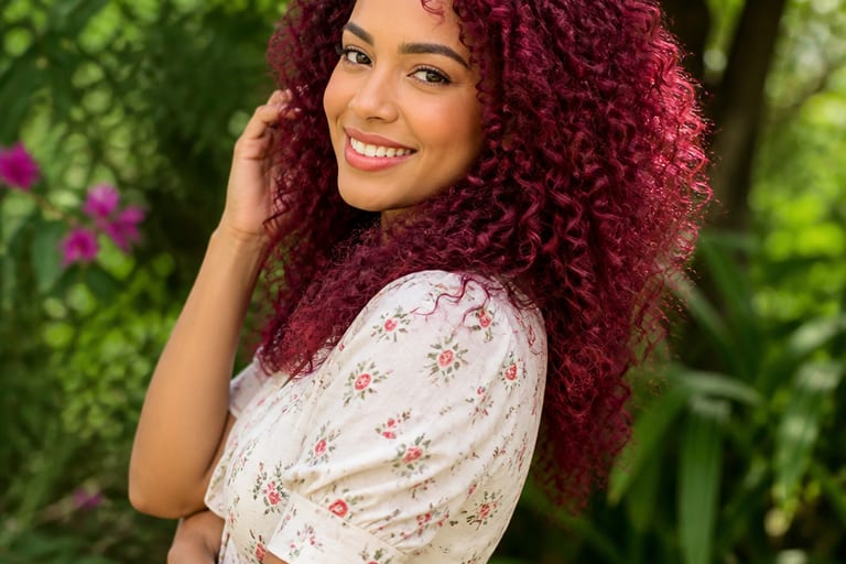 Mulher com cabelo cacheado e colorido em um jardim iluminado, sorrindo e em pose descontraída, destacando a definição dos cachos e a cor vibrante.