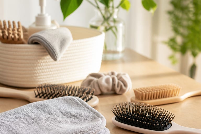 Acessórios de cabelo, incluindo escovas, pentes e toalhas de microfibra, dispostos em uma mesa de madeira clara, com plantas ao fundo em um ambiente iluminado.