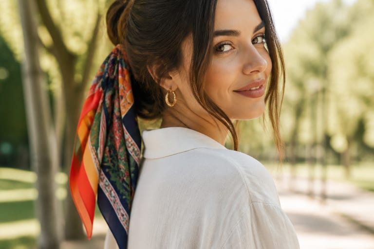 Mulher com lenço colorido no cabelo em ambiente externo, mostrando um penteado elegante e descontraído, com árvores ao fundo.