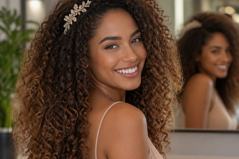 Mulher com cabelo cacheado em camadas e acessório de cabelo, sorrindo em um salão de beleza iluminado, com espelho ao fundo.