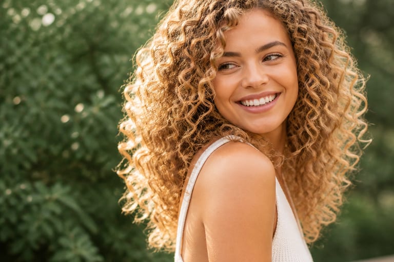 Mulher com cabelo cacheado em tons claros, em ambiente externo, sorrindo e mostrando cabelo brilhante e saudável, com fundo de natureza.