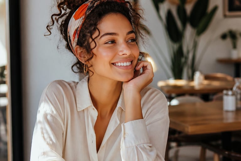 Mulher com cabelo cacheado preso em um coque bagunçado, usando uma faixa colorida, sorrindo em um café bem iluminado.