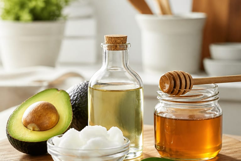 Mesa com ingredientes naturais para hidratação capilar, incluindo abacate, óleo de coco e mel, em um ambiente iluminado com utensílios de cozinha ao fundo.