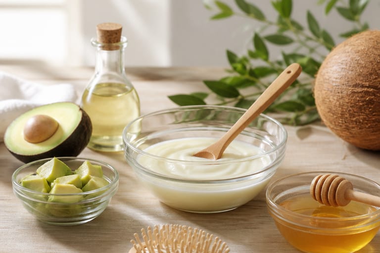 Utensílios de cozinha em uma mesa, incluindo tigelas de vidro e colheres de madeira, com ingredientes naturais para hidratação capilar, em um ambiente claro e arejado.