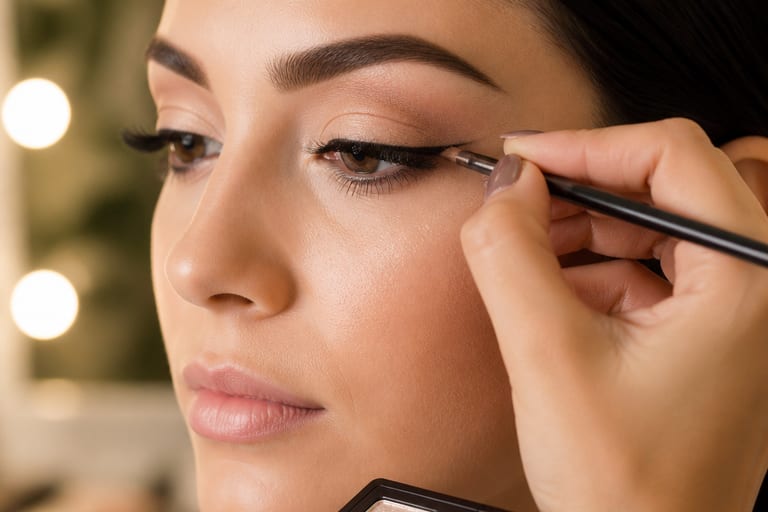 Close em olhos maquiados com sombras claras e delineado suave, em um ambiente de maquiagem bem iluminado, mostrando a técnica de aplicação e os produtos utilizados.