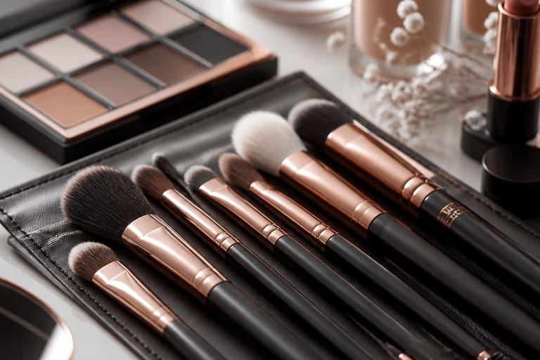 Conjunto de pincéis de maquiagem sobre uma mesa, com sombras e produtos de beleza ao fundo.