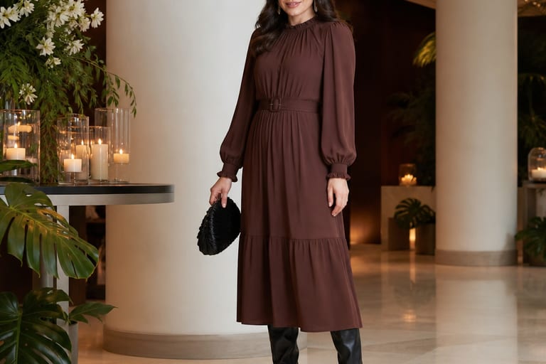 Mulher usando bota cano longo feminino em evento formal, com vestido longo e acessórios elegantes, em ambiente bem iluminado.