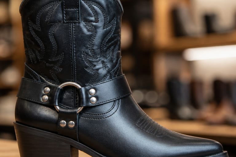 Bota cowboy feminina de couro preto com detalhes em costuras e fivelas, em uma loja bem iluminada com fundo desfocado.