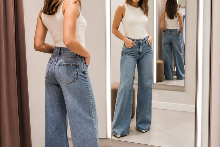 Mulher experimentando calças jeans wide leg em um provador moderno, com espelhos ao fundo e iluminação clara.