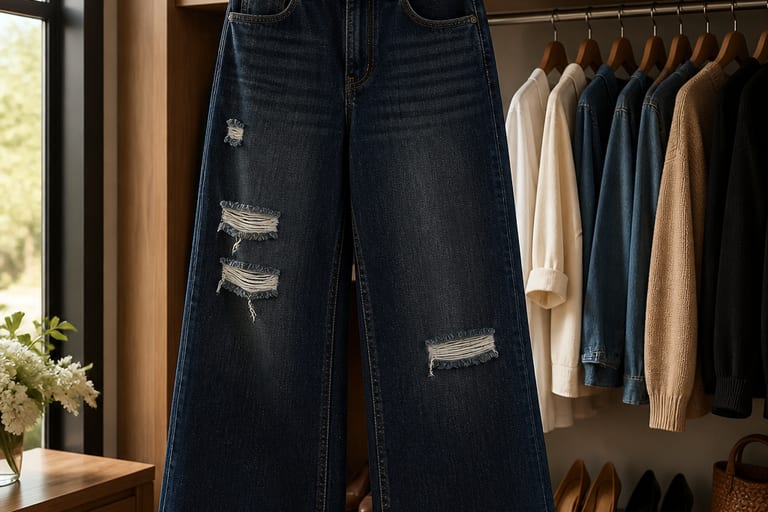 Calça jeans wide leg escura com detalhes em rasgos pendurada em um cabide em um closet organizado, com luz natural entrando pela janela.