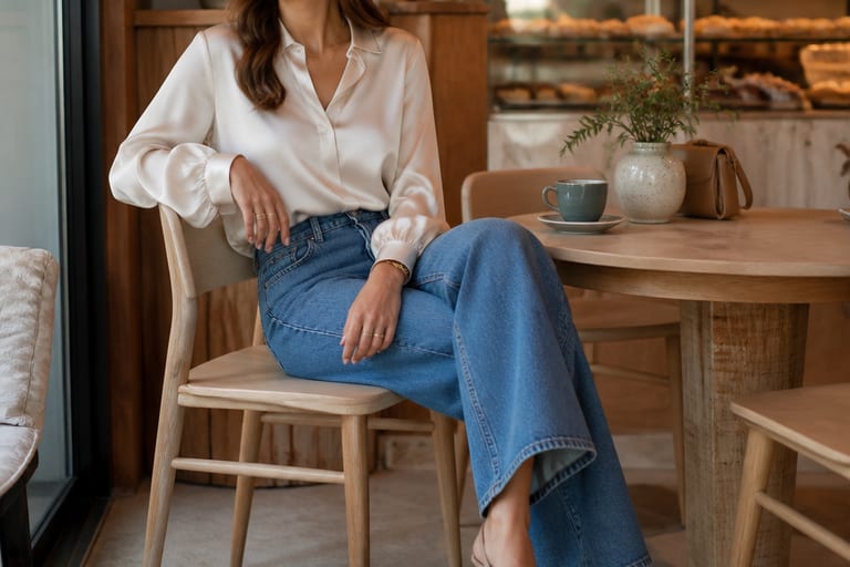 Mulher em um café usando calça jeans wide leg, blusa de seda e acessórios elegantes, em um ambiente iluminado e aconchegante.