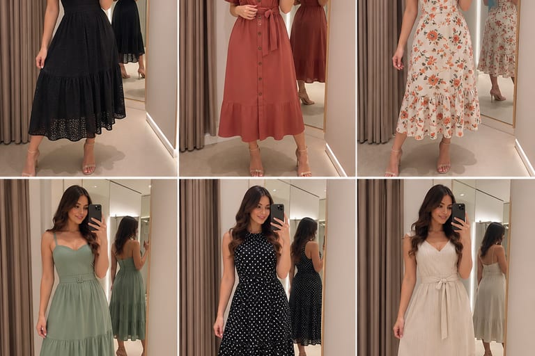 Mulher experimentando vestidos midi em um provador, com espelhos ao fundo e luz suave, mostrando várias opções de cores e estampas.