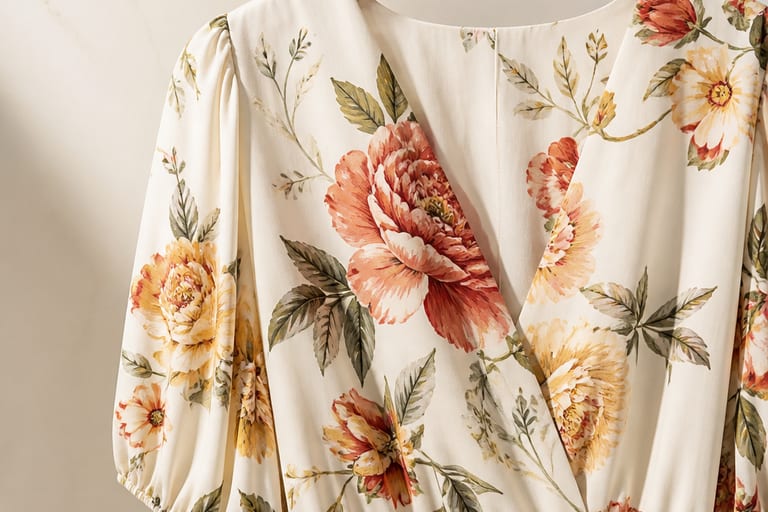 Vestido midi estampado com flores em um cabide, em ambiente iluminado com fundo neutro, destacando a textura do tecido e as cores vibrantes.