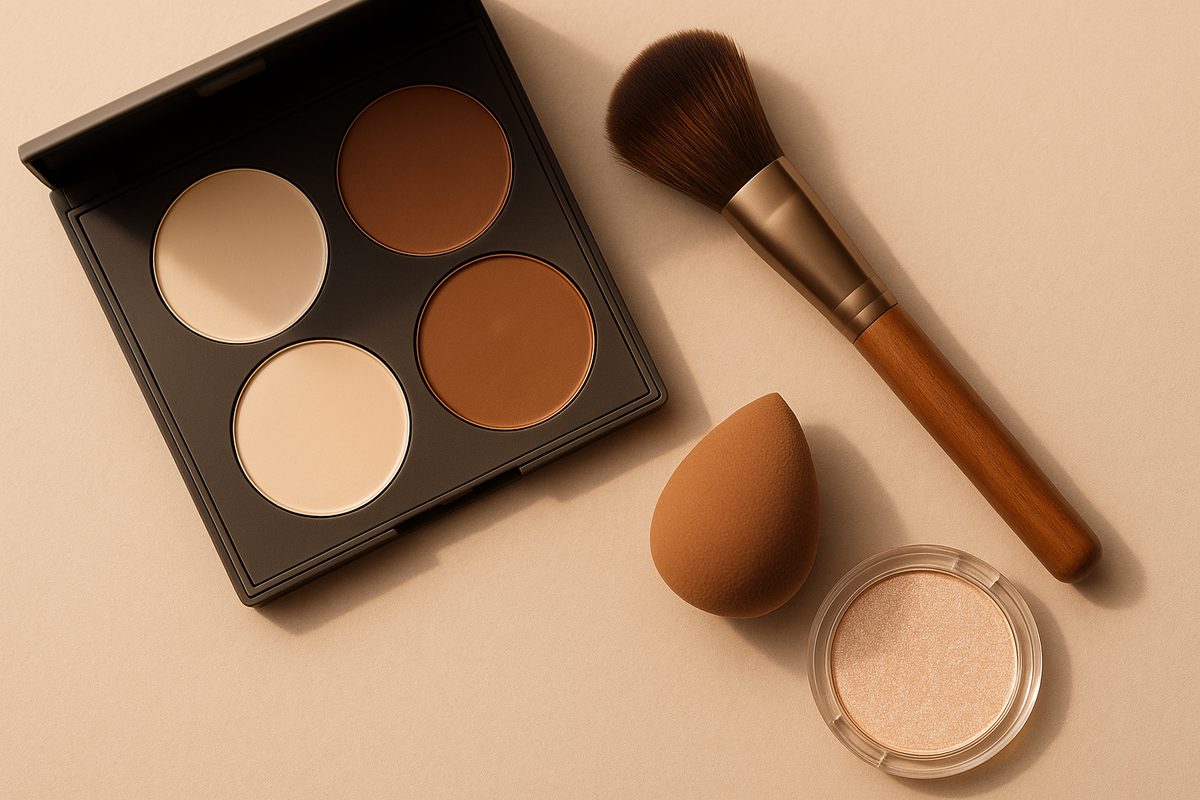 Kit de contorno de maquiagem: paleta creme, pincel chanfrado e esponja