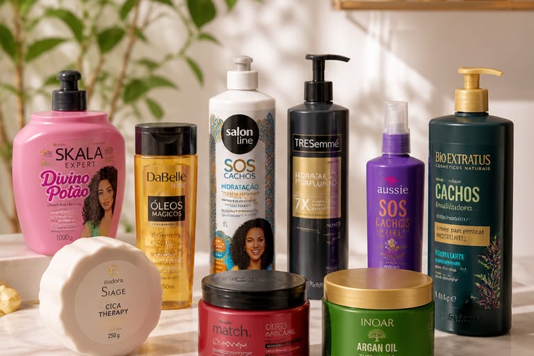 Frascos de produtos para cabelo cacheado em uma mesa de mármore, exibindo diferentes texturas e cores em um ambiente bem iluminado.
