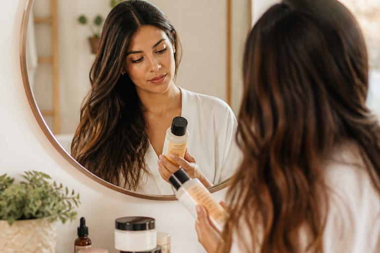 Mulher analisando produtos de cabelo em um espelho, com expressão de concentração, em um ambiente acolhedor e bem iluminado.