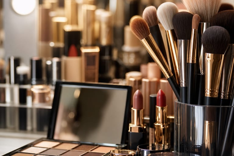 Close em pincéis de maquiagem e produtos organizados em um ambiente de maquiagem, destacando a variedade de materiais e texturas.