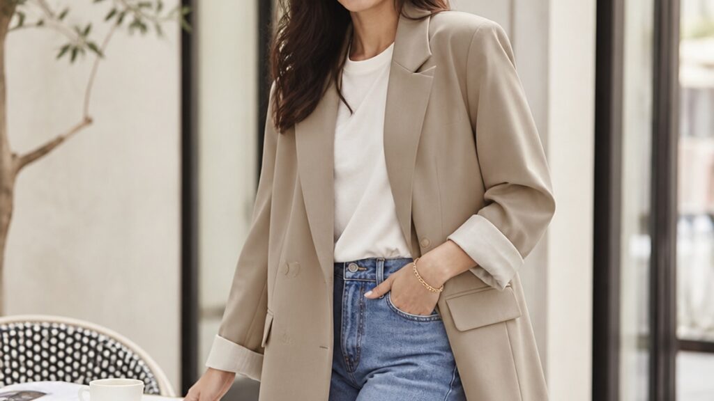 Mulher elegante em pé ao lado de uma mesa de café, usando blazer oversize, blusa básica e calça jeans, em um ambiente claro e arejado, sorrindo.