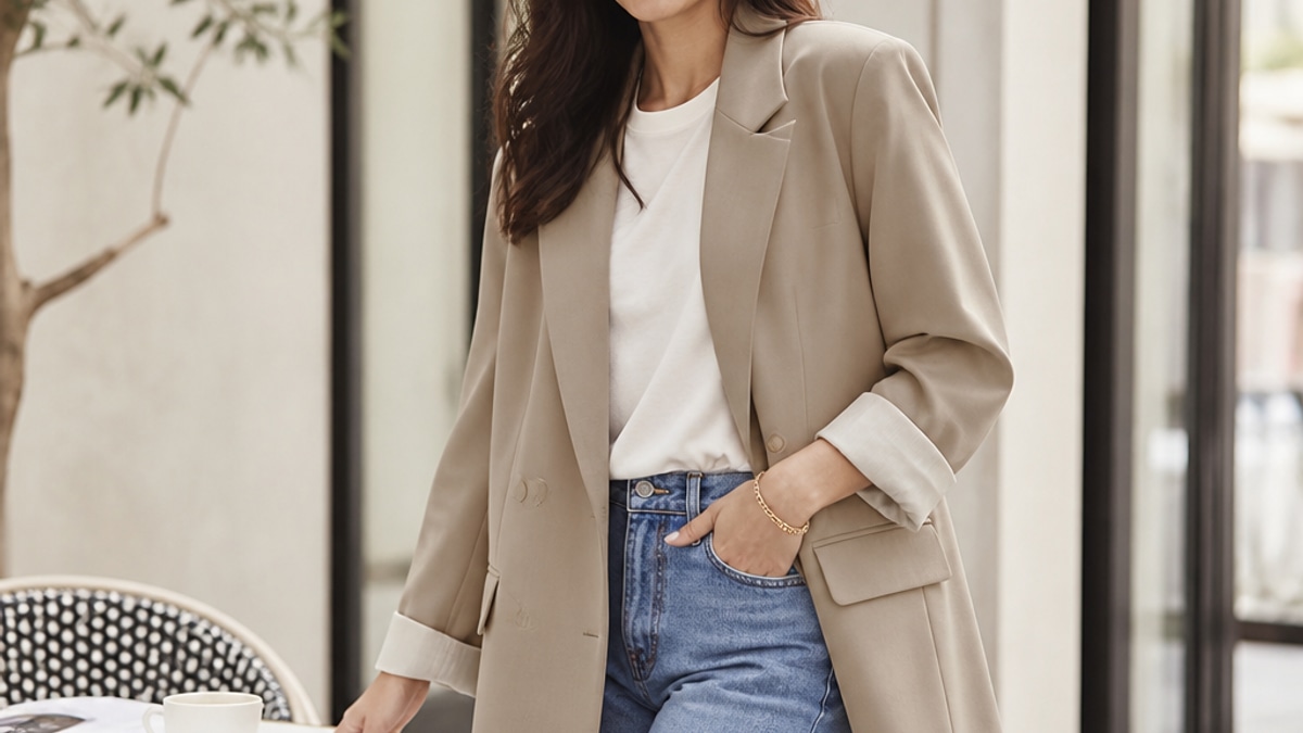 Mulher elegante em pé ao lado de uma mesa de café, usando blazer oversize, blusa básica e calça jeans, em um ambiente claro e arejado, sorrindo.