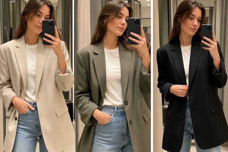 Mulher experimentando blazers oversize em um provador, com espelhos ao fundo, usando blusa básica e calça jeans.