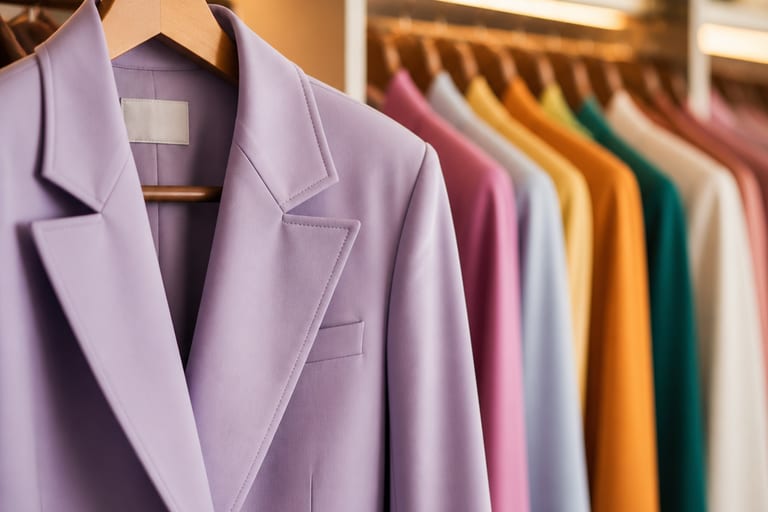 Blazer oversize colorido pendurado em um cabide, com fundo desfocado de um closet organizado mostrando várias cores e acabamentos.