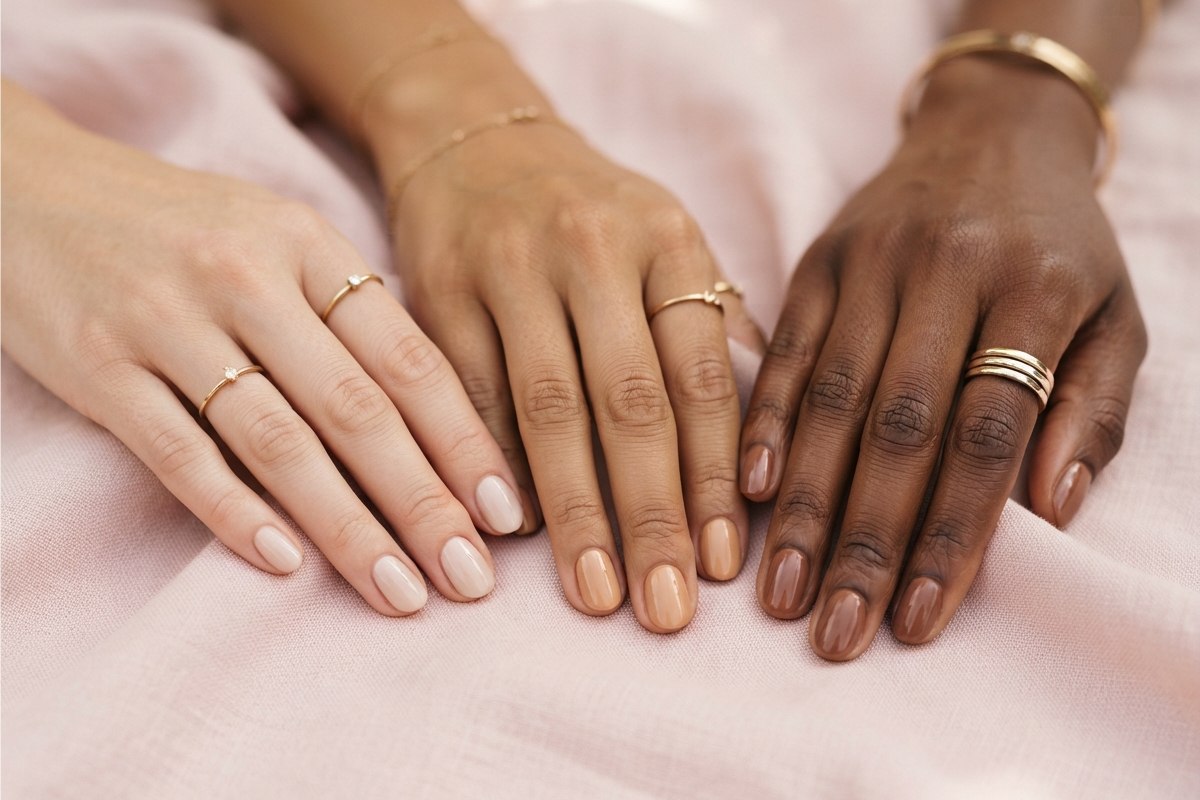 Mãos femininas com esmalte nude em diferentes tons de pele sobre fundo pastel