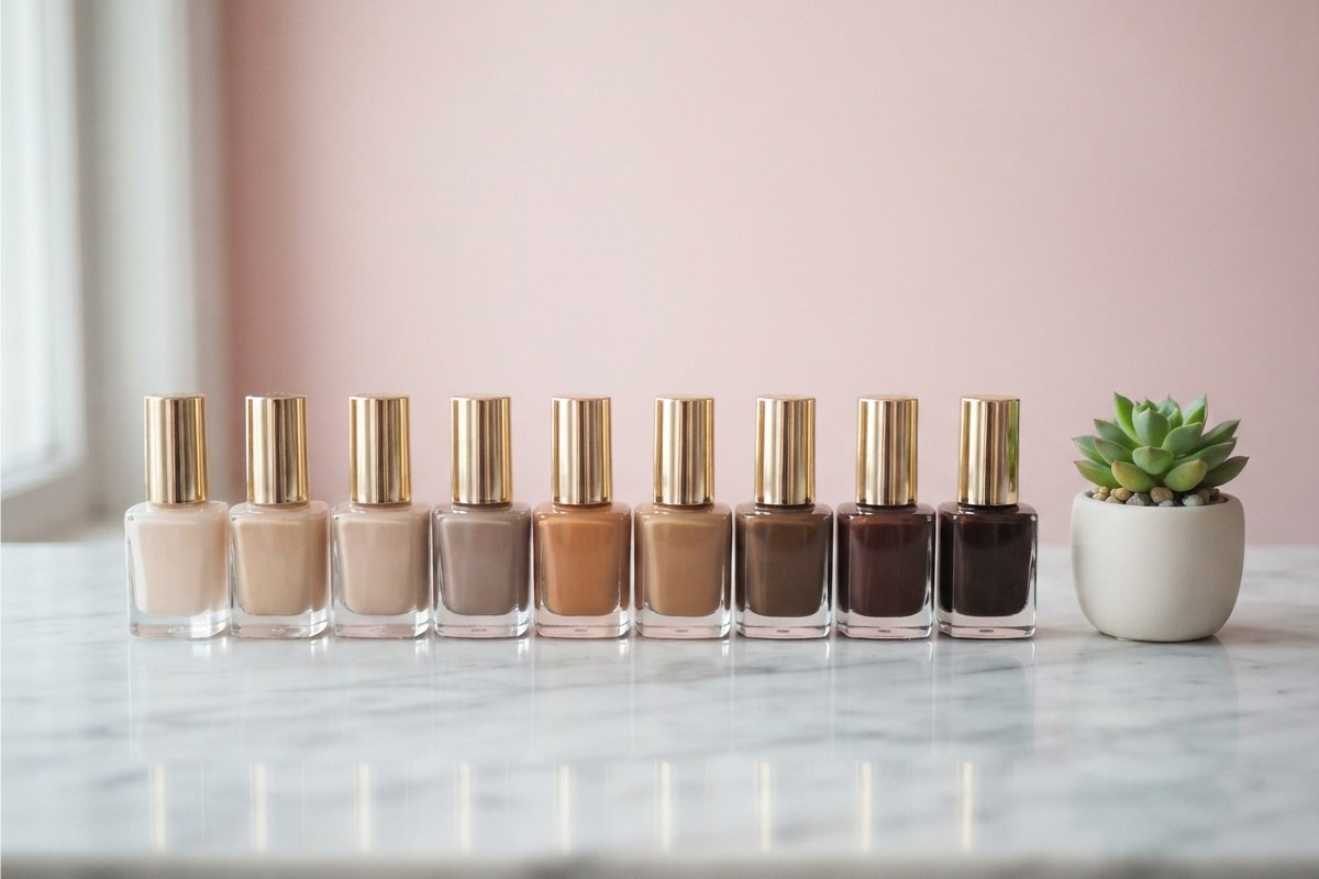 Frascos de esmalte nude em tons variados sobre superfície de mármore