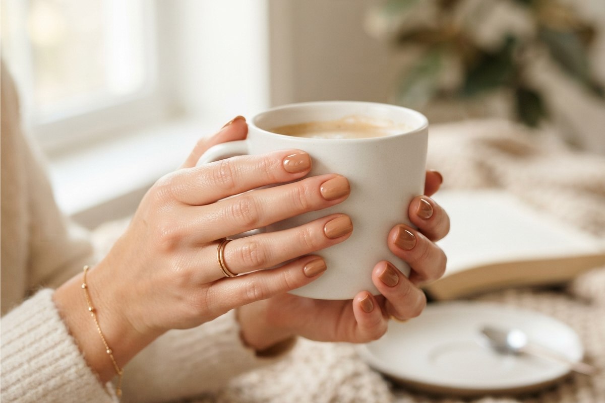 Mãos femininas com unhas nude caramelo segurando uma xícara branca