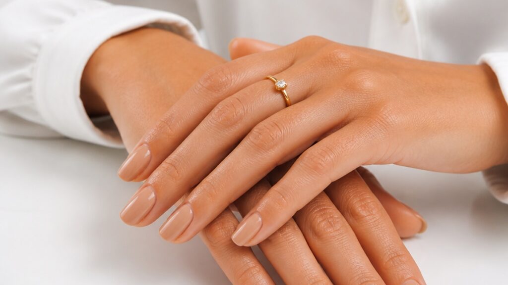 Mãos de mulher com esmalte nude em ambiente claro, mostrando unhas bem cuidadas e elegantes, com fundo neutro.