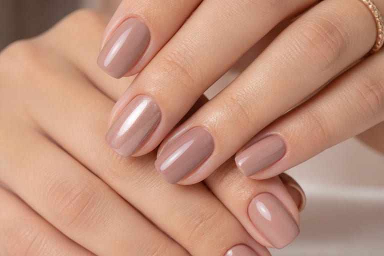 Close em unhas pintadas com esmalte nude em acabamentos cremoso e metálico, em ambiente de beleza bem iluminado.