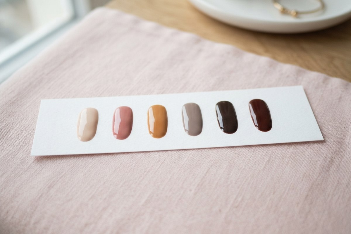 Swatches de esmaltes nude em tons de bege, rosé, caramelo, taupe e marrom