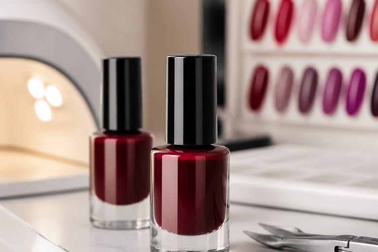 Frascos de esmalte vermelho escuro em uma mesa de manicure bem iluminada e organizada, destacando a textura e qualidade dos produtos.