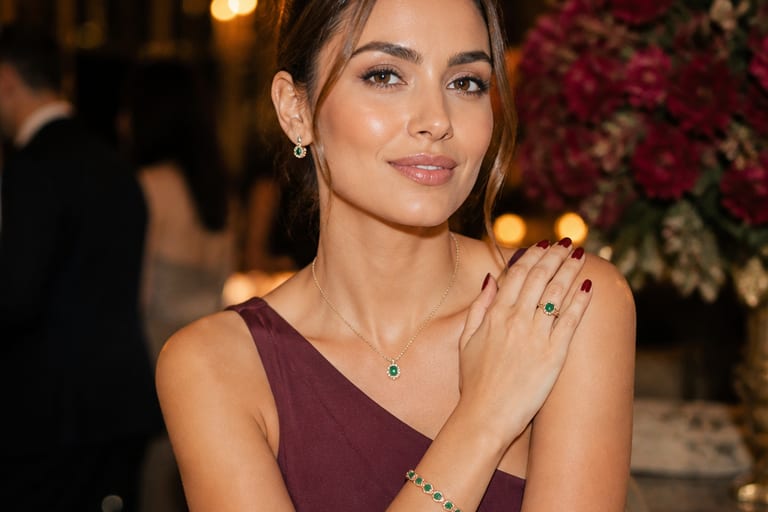 Mulher usando esmalte vermelho escuro, com acessórios elegantes e roupas combinando, em um ambiente de festa decorado e iluminado.
