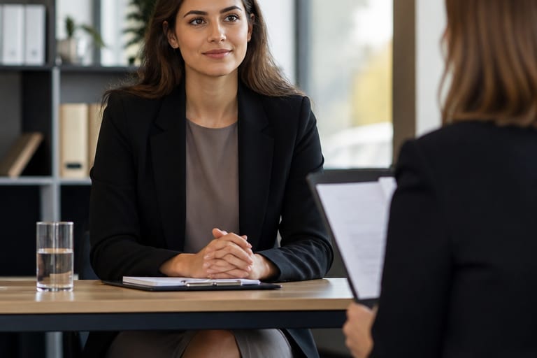 Mulher em entrevista de emprego, usando vestido midi elegante e blazer, sentada em mesa de reunião em escritório moderno, com expressão confiante.