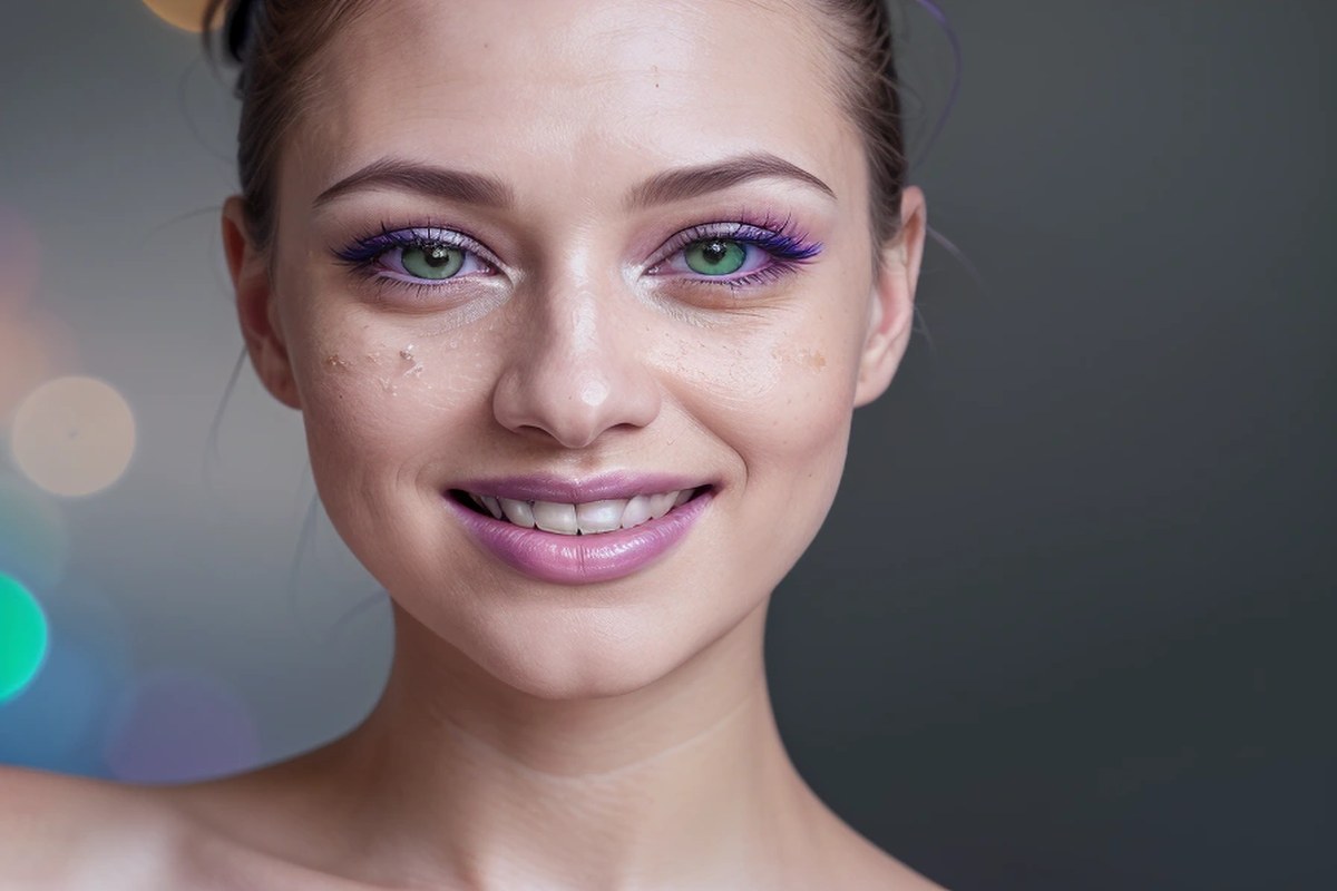 Mulher com maquiagem arco-íris sorrindo em celebração do Orgulho