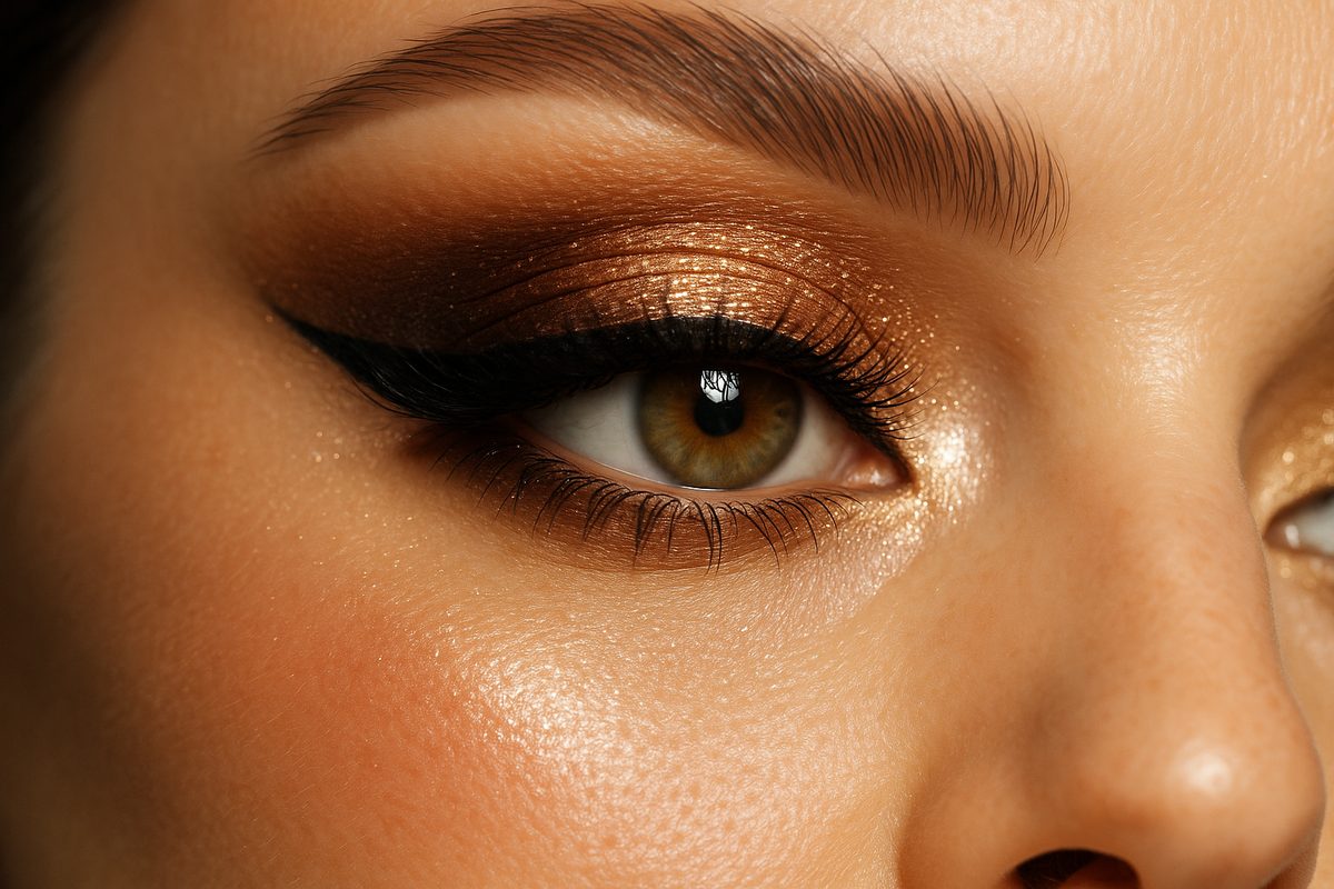 Olho feminino com maquiagem glamourosa para eventos com esfumado dourado
