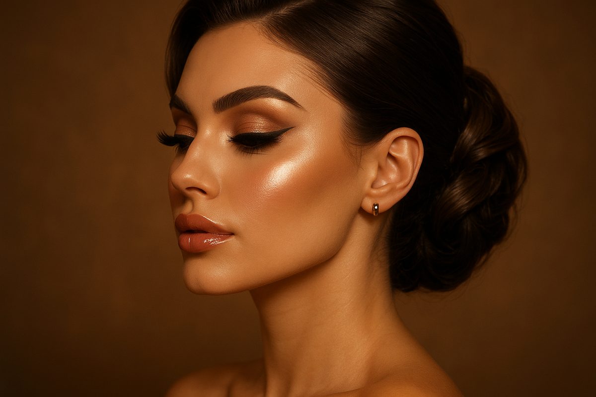 Mulher com maquiagem glamourosa, pele impecável contornada e iluminada, perfil elegante