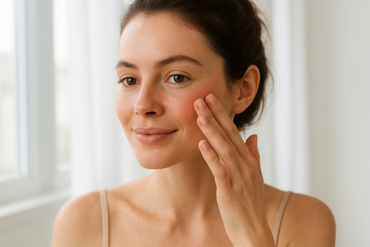Mulher aplicando blush cremoso com os dedos nas maçãs do rosto