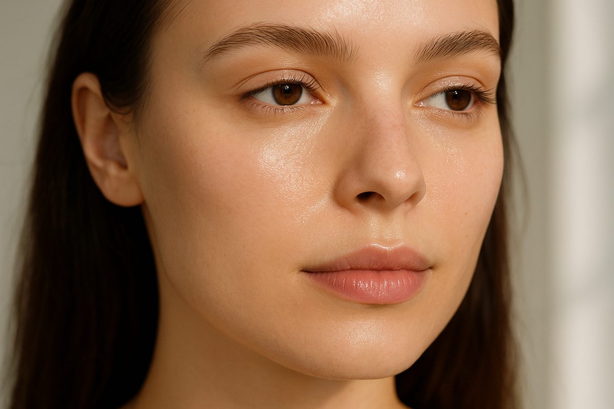 Mulher com pele radiante e acabamento natural de efeito pele nua com base leve