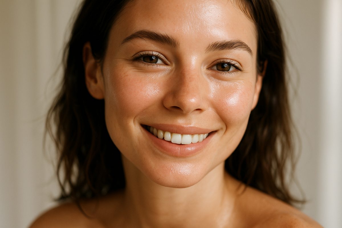 Mulher com pele radiante e maquiagem natural autêntica