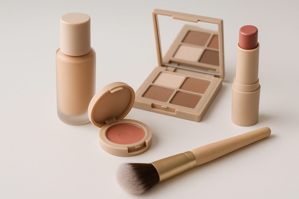 Seleção de produtos essenciais de maquiagem natural: base leve, blush cremoso e paleta neutra