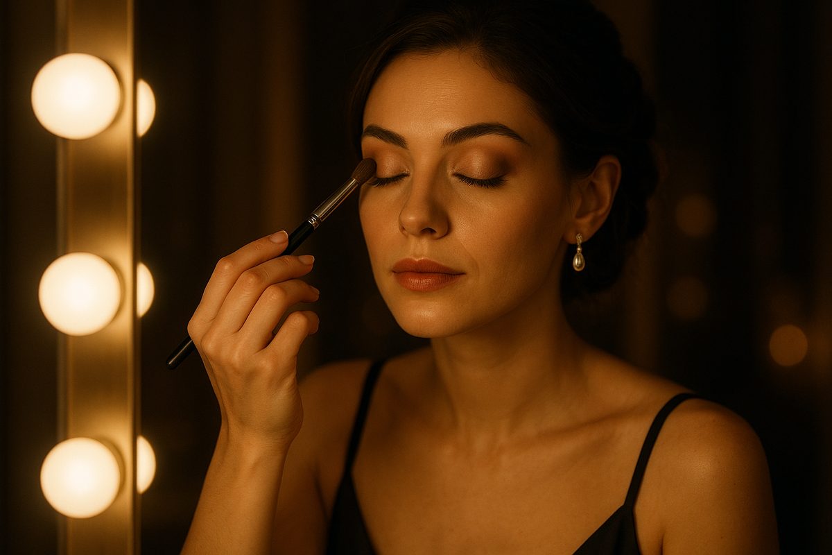 Mulher aplicando sombra no espelho iluminado para maquiagem de noite