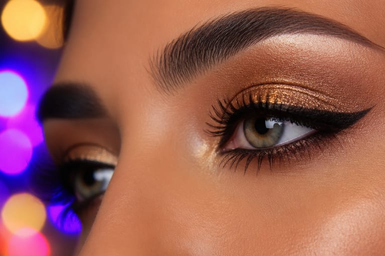 Close em olhos maquiados com sombra metálica dourada e delineado, em um ambiente de festa com luzes coloridas.