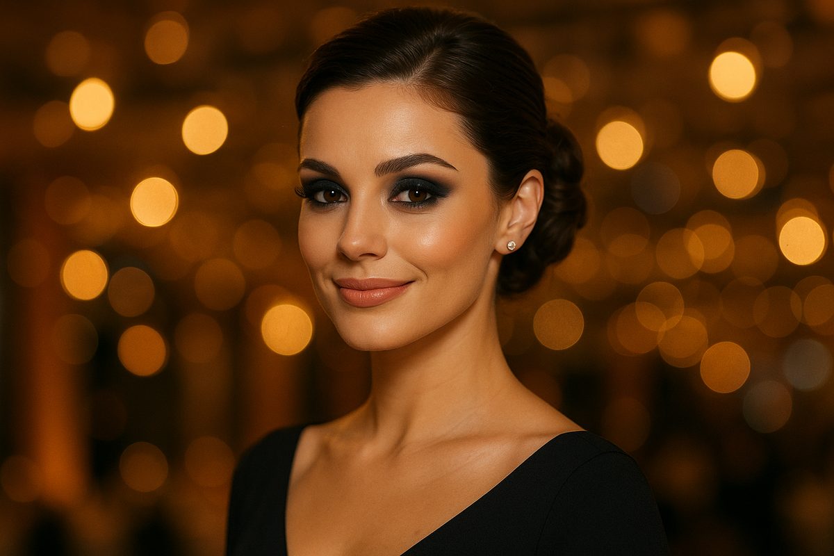 Mulher pronta para festa com maquiagem noturna completa e elegante