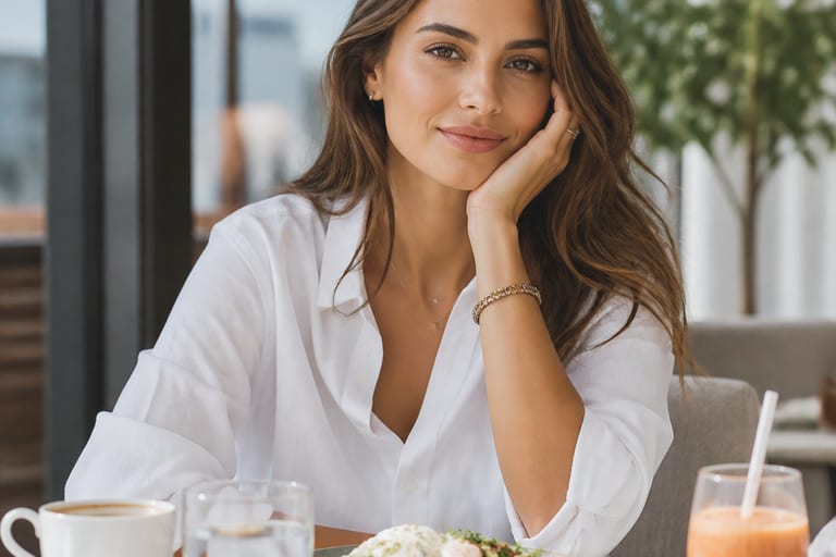 Mulher com maquiagem leve e fresca em um ambiente de brunch, com luz natural, usando um look casual e elegante.