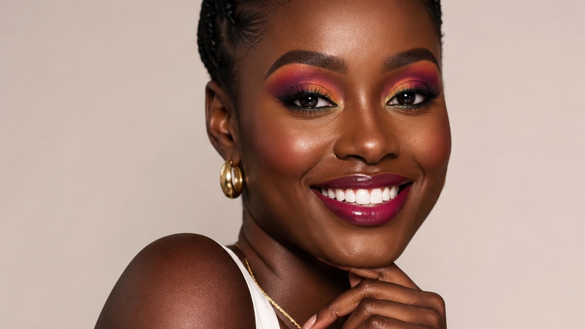 Mulher com pele negra e maquiagem vibrante, sorrindo em um ambiente iluminado com fundo neutro.